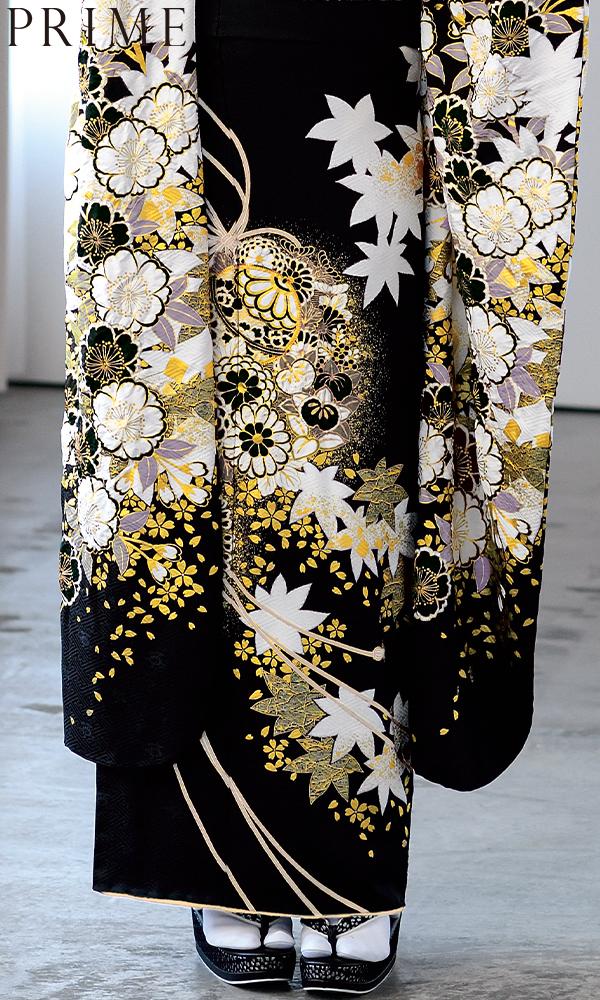 春秋くす玉文様の金彩友禅/黒｜伝統古典 【菊京屋】振袖レンタル 成人