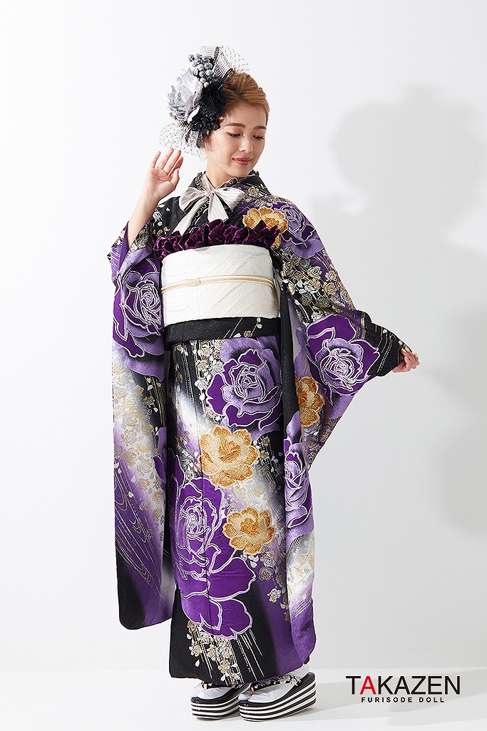 ヘップバーン セレブ 紫/黒/ゴールド ベルベット素材バラ柄 高級