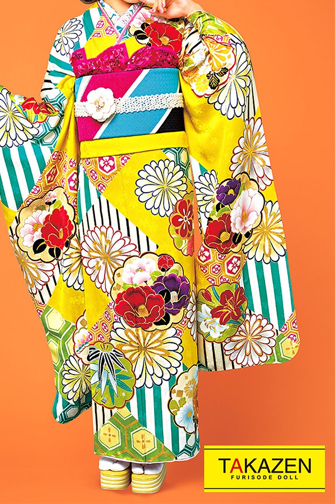 レトロポップ 黄/赤/水色(ブルー) ツバキ柄/菊柄 目立つ 個性的