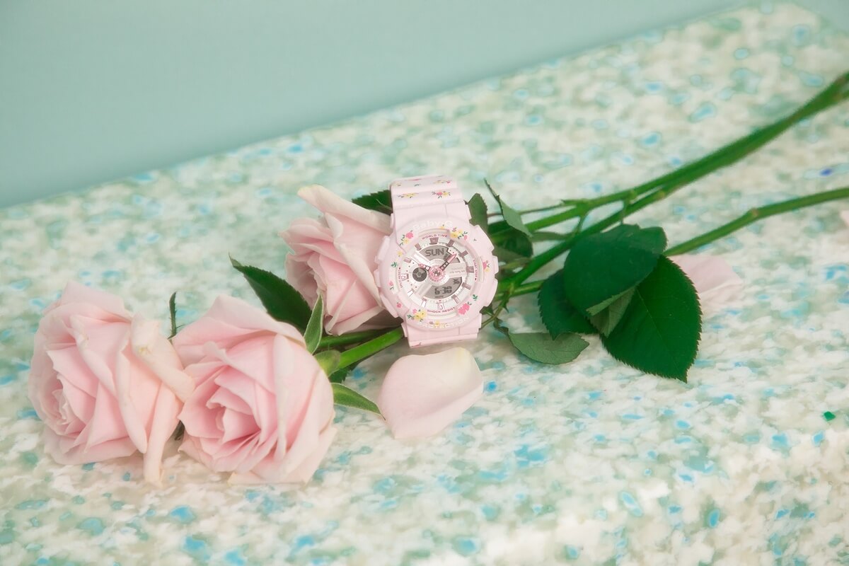 Little Sunny Bite x Baby-G BA-110LSB-4A is pastel pink and covered