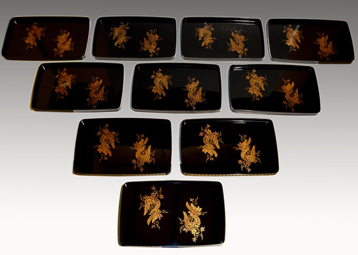 時代 藤蒔絵 脇引盆 10枚 平安 象彦(作) 戦前 共箱 美品 | 古美術ささき