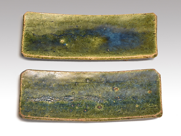 北大路魯山人(作) 織部釉 長角平向 櫛目文 2客 二代 黒田陶々庵識箱