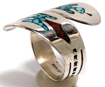 インディアンジュエリー リング ナバホ族 コーラル＆ターコイズ チップ