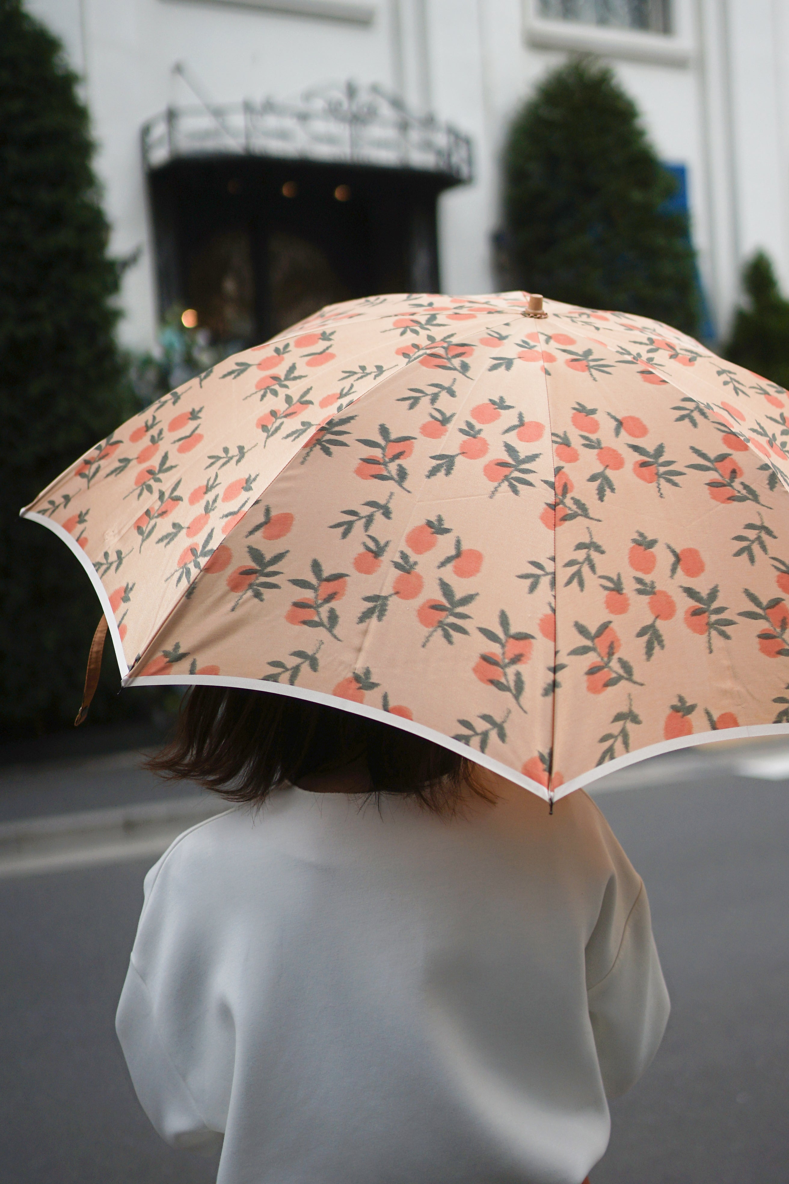 フルーツのデザインがおしゃれな、ほぐし織の雨晴兼用傘(折りたたみ傘