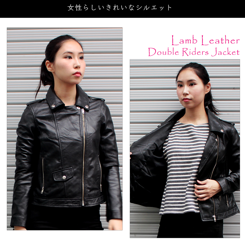 Mo-Laws ラム革 ダブルライダースジャケット レディース ブラック