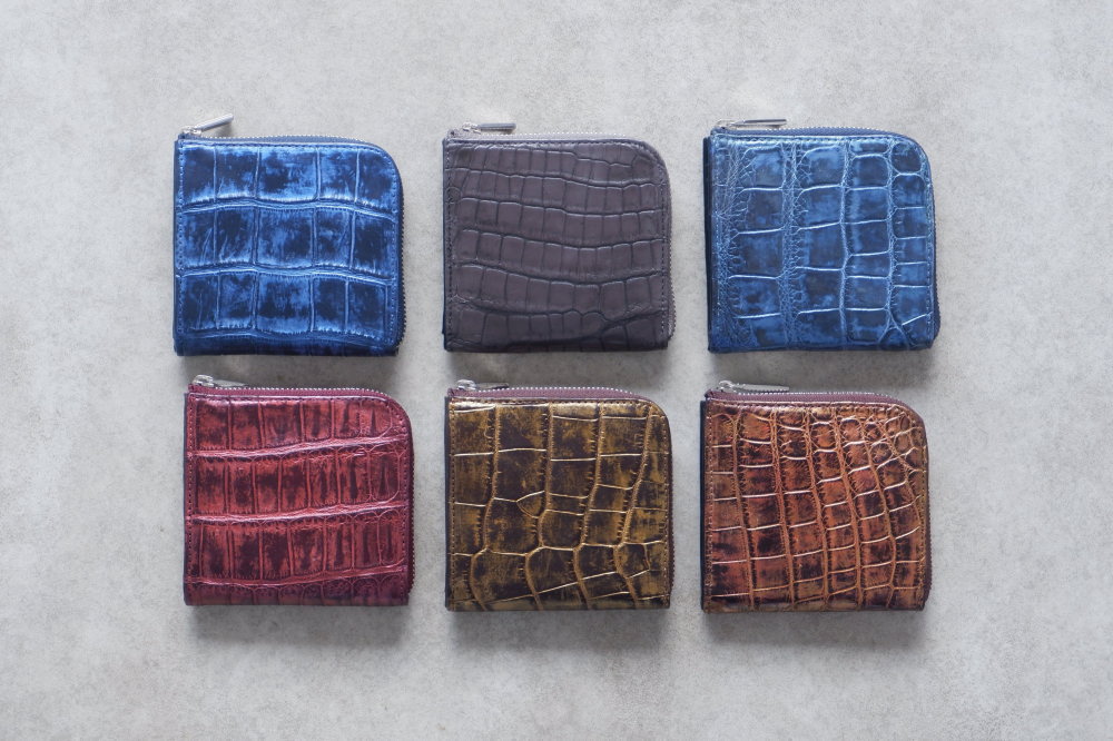 クロコダイル革 L字ファスナー ハーフウオレット | 手染めクロコダイル