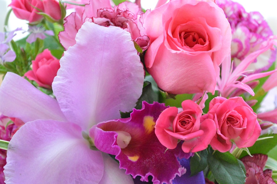 プチ贅沢なアレンジ LoveSense （カトレア（またはミニ胡蝶蘭）とバラ