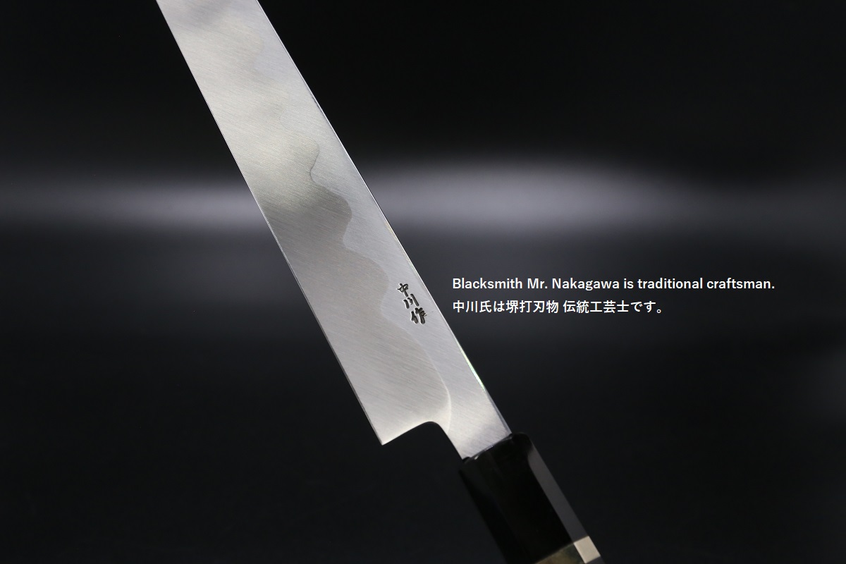 切付柳刃 青一鋼 300mm 本霞仕上 平鏡面 紋鍛 黒檀柄 鞘付き 中川悟志