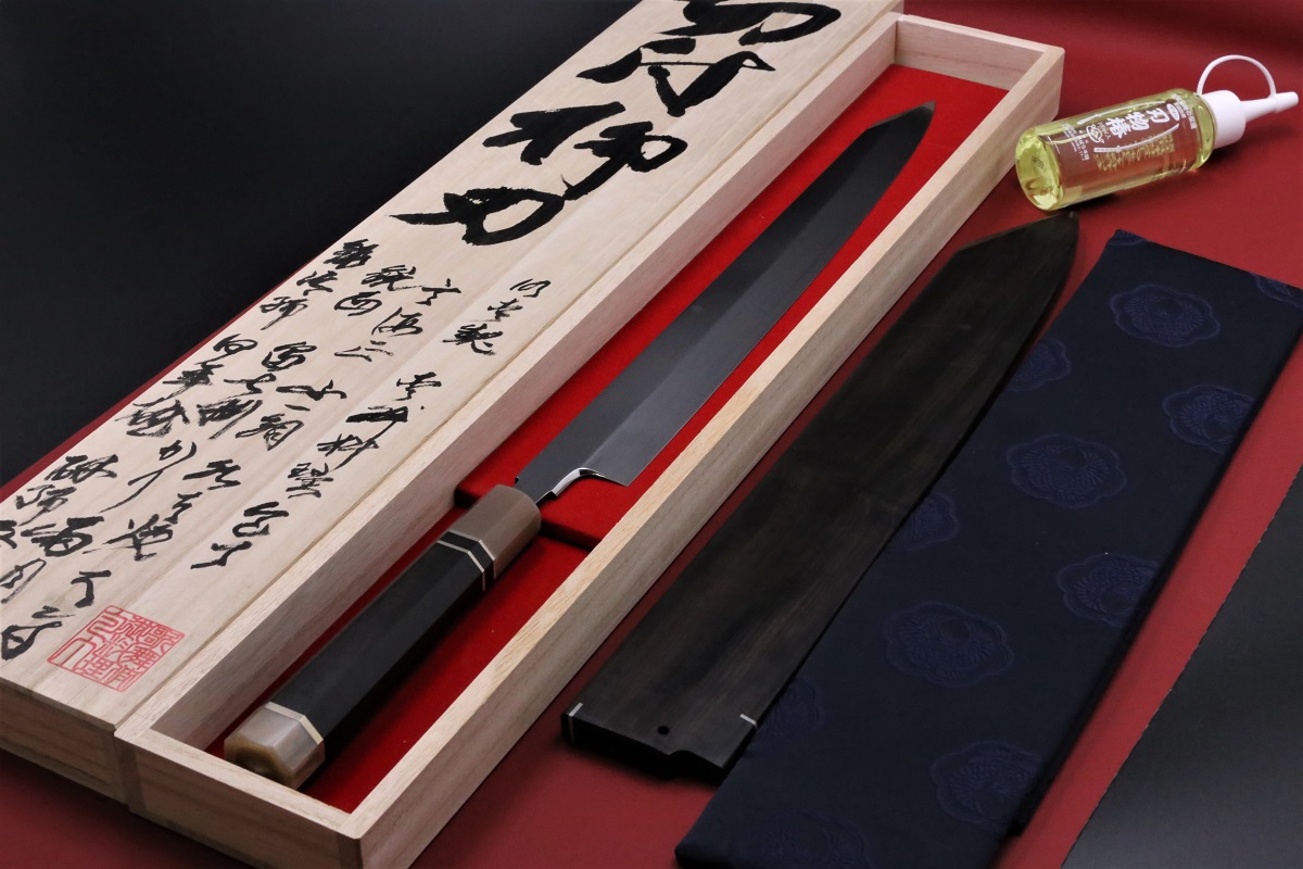 切付柳刃 白一鋼 水本焼 360mm 富士掛かり満月 両鏡面 八角黒檀柄 玄海