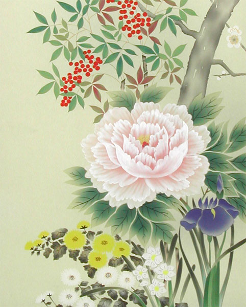 掛け軸 四季草花 （横山香秋） 送料無料 【掛軸】【一間床・半間床