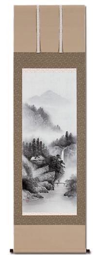 真作】掛軸 中村不折 深山他舎図 墨彩山水 幽谷に佇む楼閣 共箱入 S168