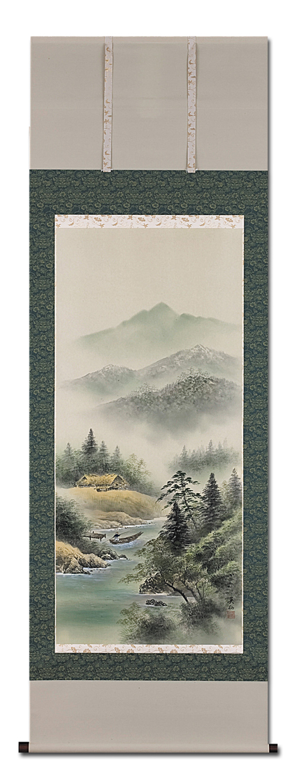 彩色山水 野村英仙 尺八立 肉筆！ 山水画 - 掛け軸（掛軸）販売通販