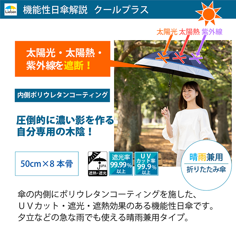 日傘 クールプラス UV遮熱遮光折傘 切継（晴雨兼用） 50cm×8本骨
