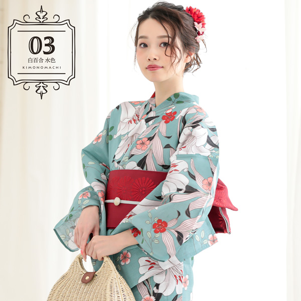 03白百合 水色：KIMONOMACHI オリジナル 綿の変わり織り浴衣フルセット