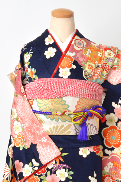 振袖［紺色/古典松竹梅・四季花]｜着物レンタルあき (来店着付け無料