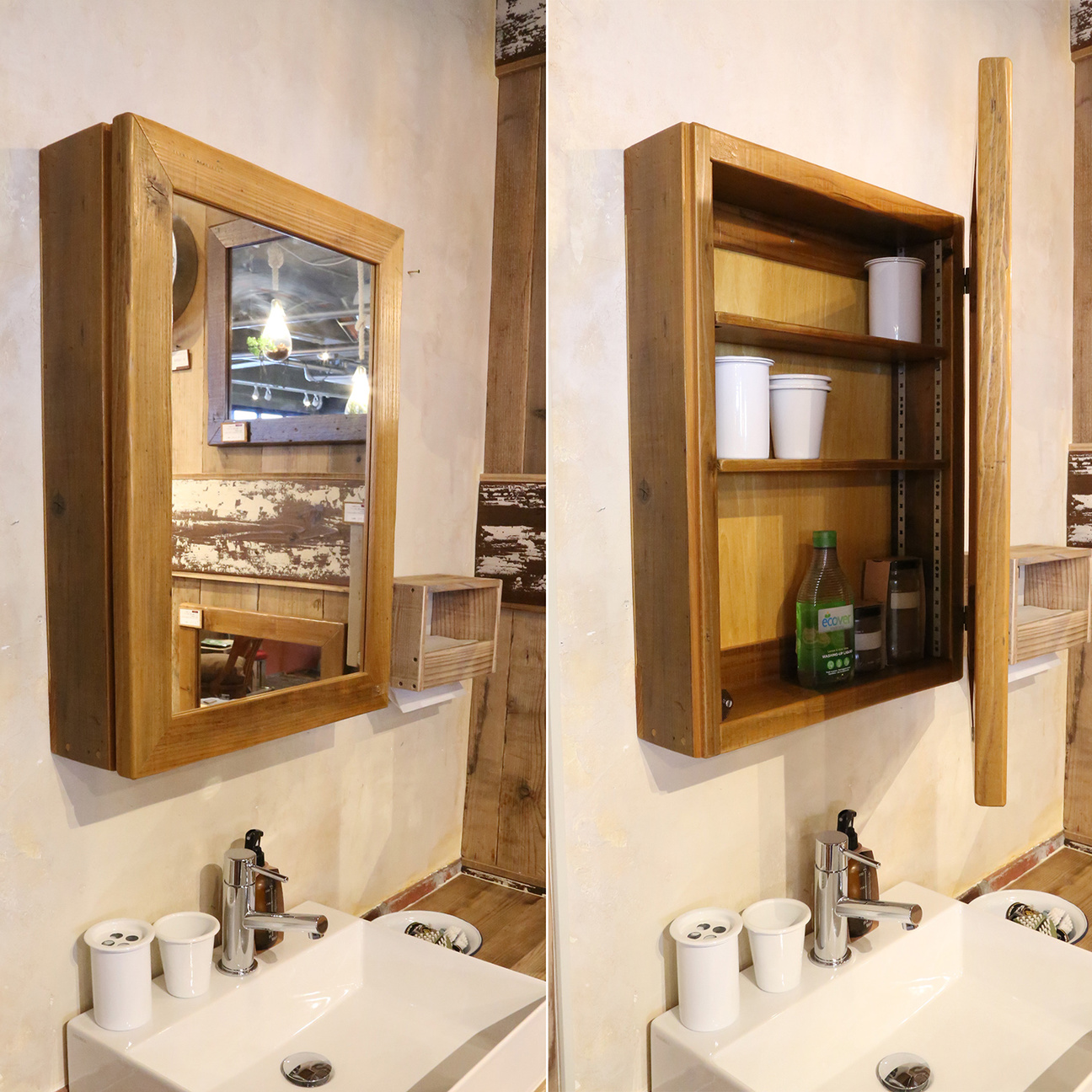 OLD ASHIBA（足場板古材）ミラーキャビネット 洗面鏡 鏡 収納 新築 戸