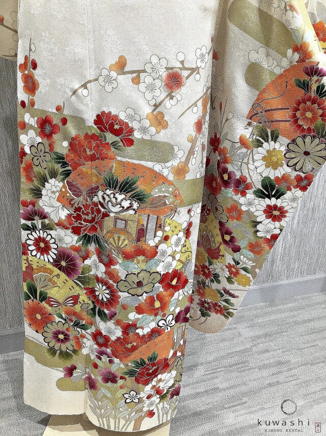 正絹振袖レンタル】 80003 パールホワイト花蝶地紋正絹振袖袋帯