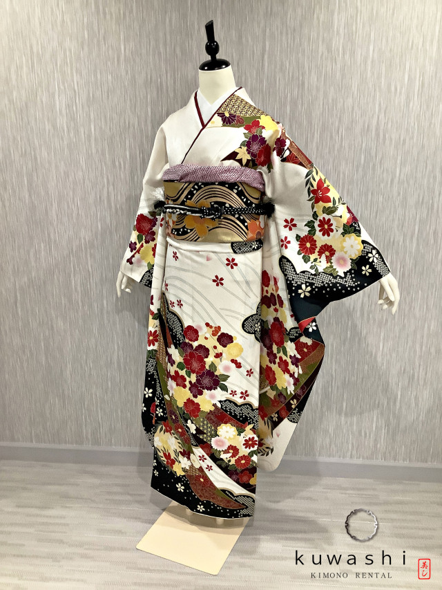 正絹振袖レンタル】 80006 ホワイト吉祥桜正絹振袖袋帯セット