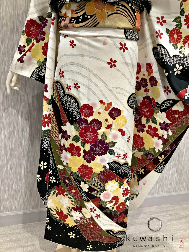 正絹振袖レンタル】 80006 ホワイト吉祥桜正絹振袖袋帯セット
