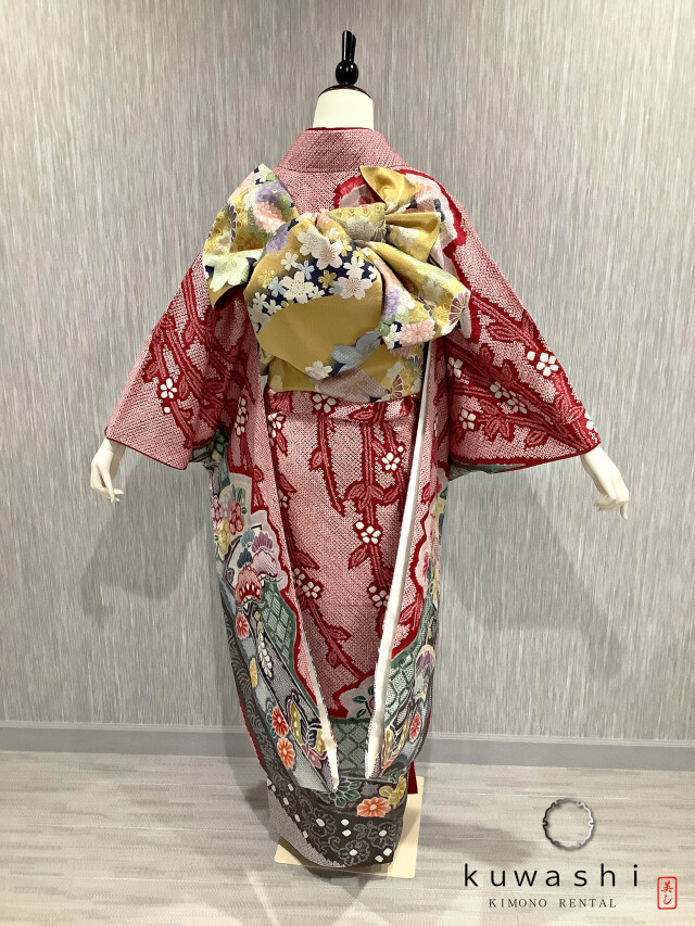 正絹振袖レンタル】 80008 ルビーレッド総絞り正絹振袖袋帯セット