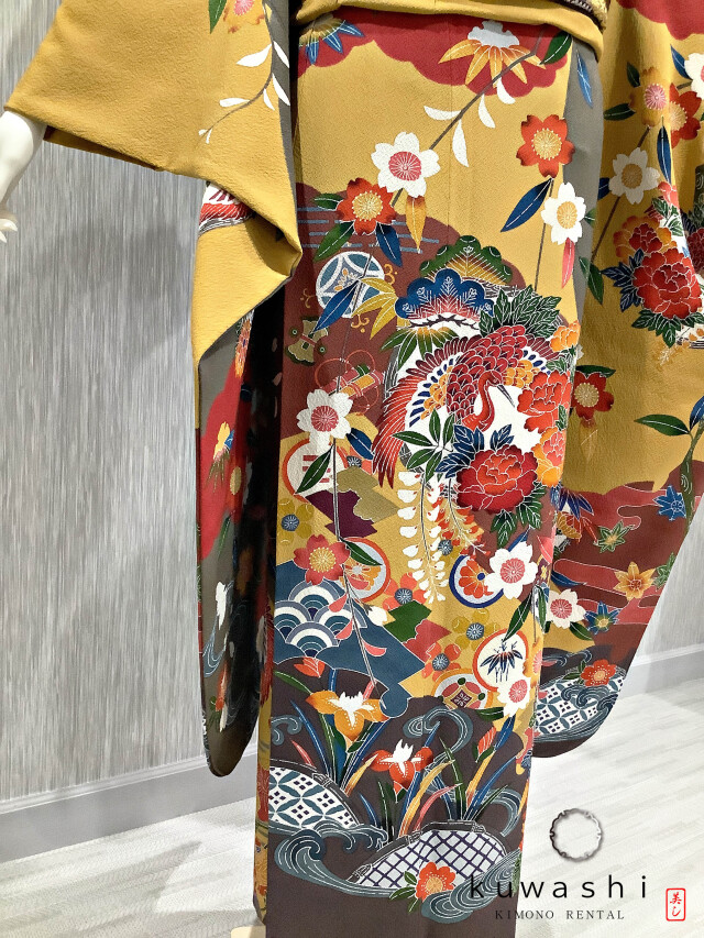 正絹振袖レンタル】 80009 からし色紅型正絹振袖袋帯セット
