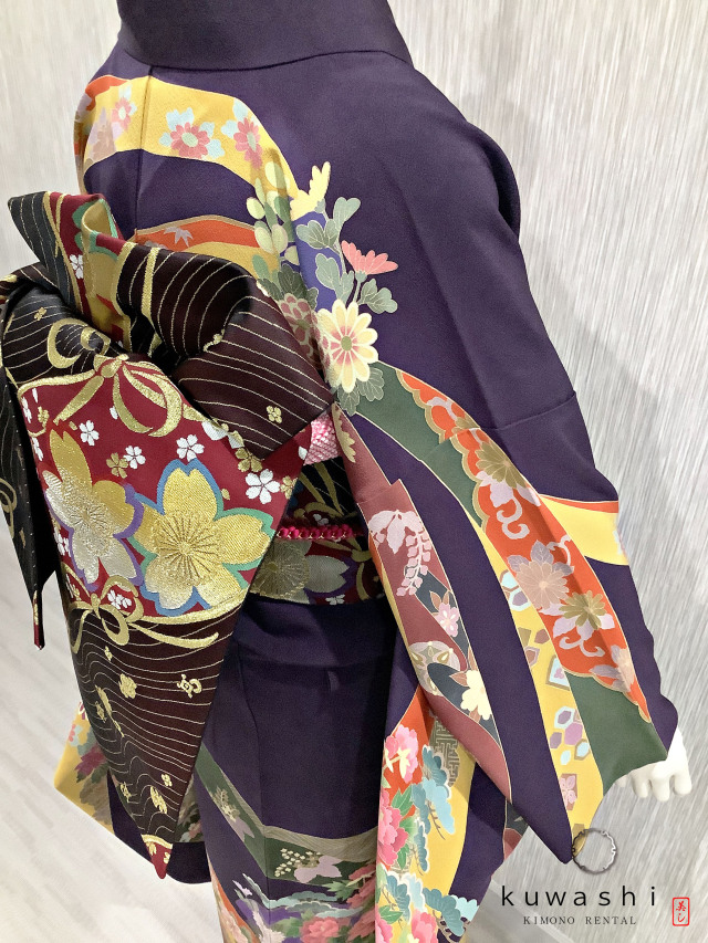 正絹振袖レンタル】 80013 深紫熨斗目彩花正絹振袖袋帯セット