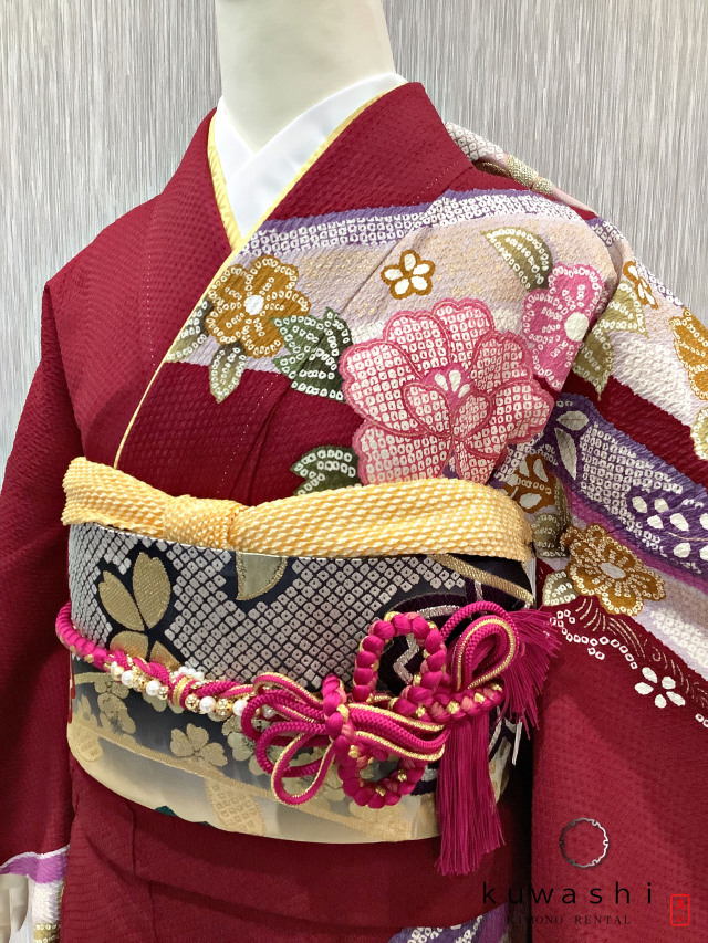 正絹振袖レンタル】 80029 赤紫地に絞りモダン花正絹振袖袋帯