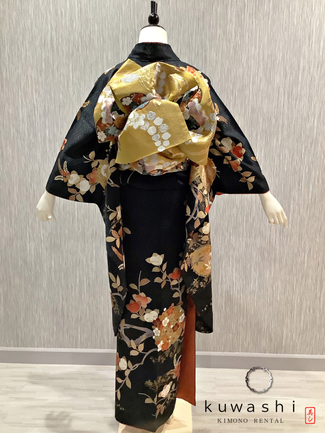 正絹振袖レンタル】 80033 黒地金橘地紋正絹振袖袋帯セット