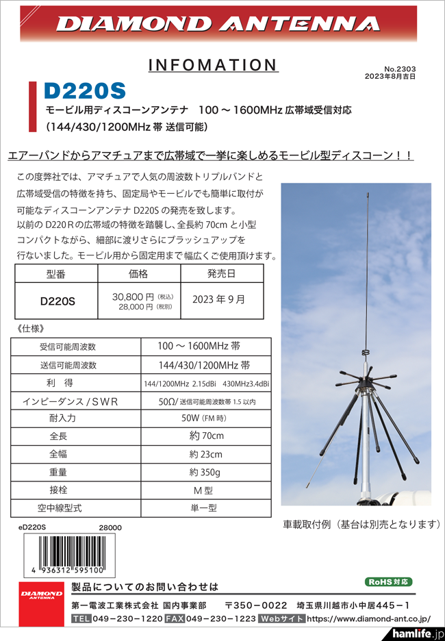100～1600MHz受信対応、アマチュア無線バンドの144/430/1200MHz帯で