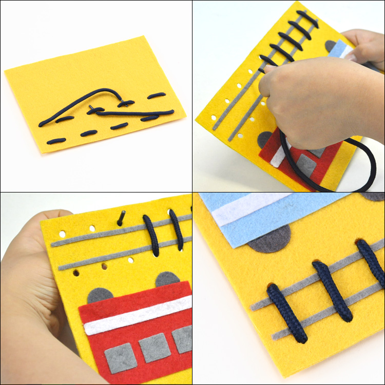 紐を通して線路を作ろう！手作りフェルト教材 ひもとおし でんしゃ｜お