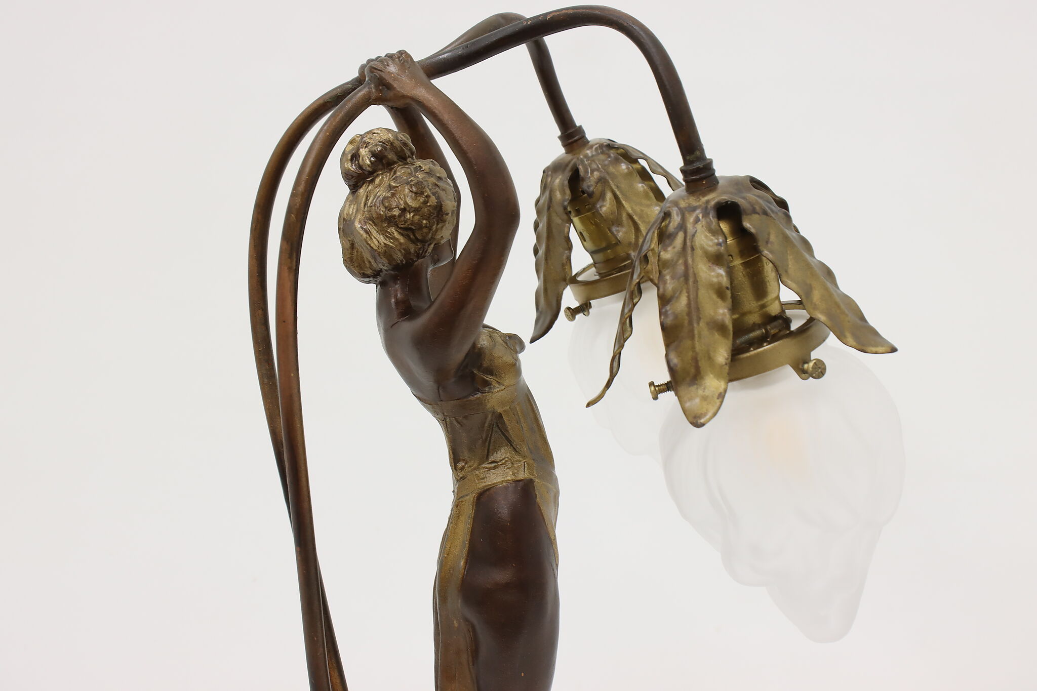 Art Nouveau Antique Brass Newel Post Lamp, Woman Figure