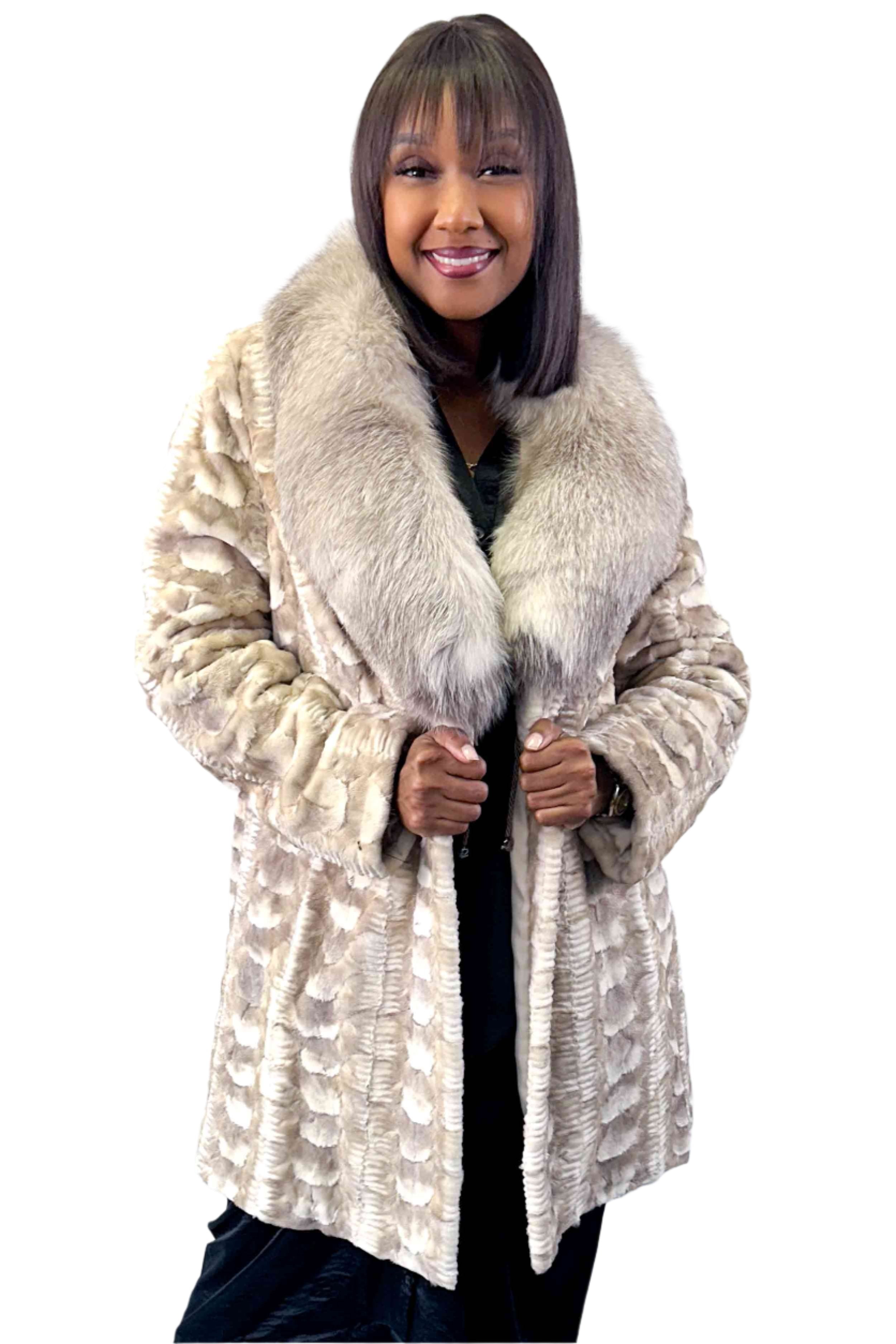 Sheared Sectioned Mink Fur Stroller with Fox Fur Shawl Collar