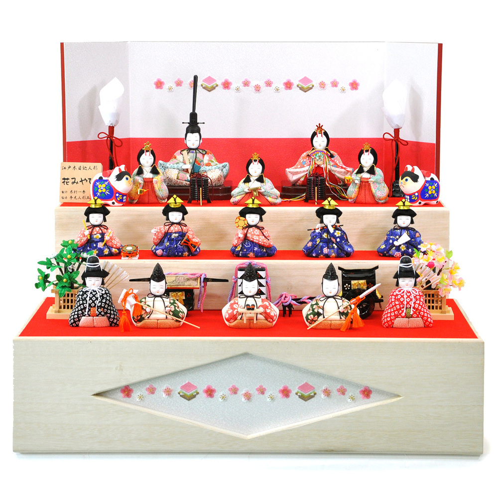 一秀作☆木目込み三段十五人収納飾りセット 【P81418】美しい白桐と桜