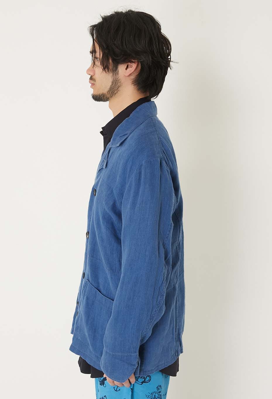 Indigo Linen High Count Twill double breasted Work Jacket | BLUE