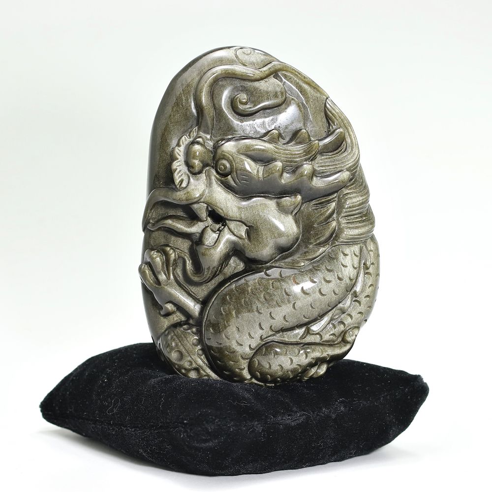 高品質]メキシコ産ゴールデンオブシディアン黒曜石/(辰)龍彫刻（全高約