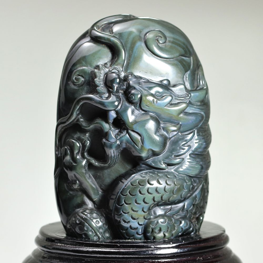 高品質]メキシコ産レインボーオブシディアン黒曜石/(辰)龍彫刻（全高約