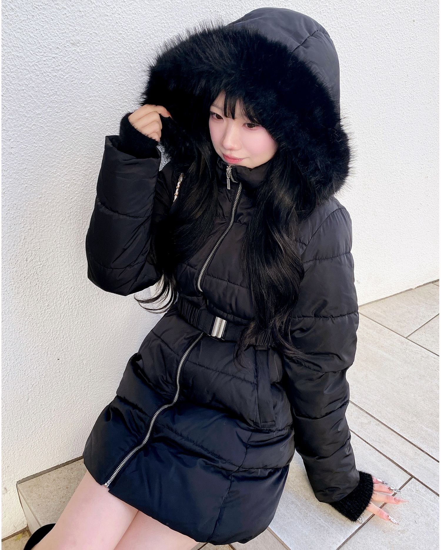 ファーフード付ウエストベルトエコダウンコート（OUTLET