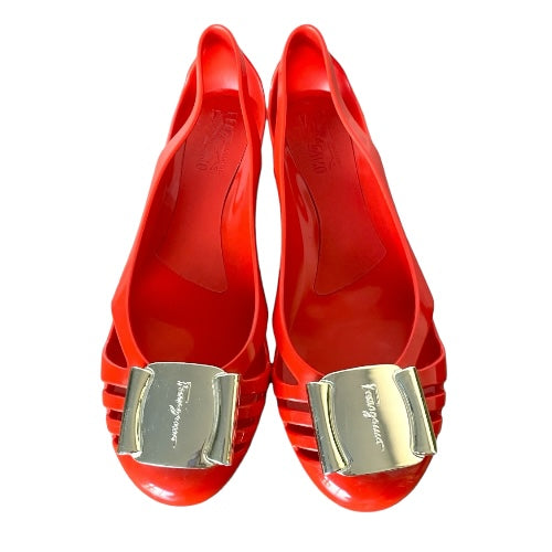 SALVATORE FERRAGAMO Bermuda Red Jelly Flat Ballet Shoes, Size 5