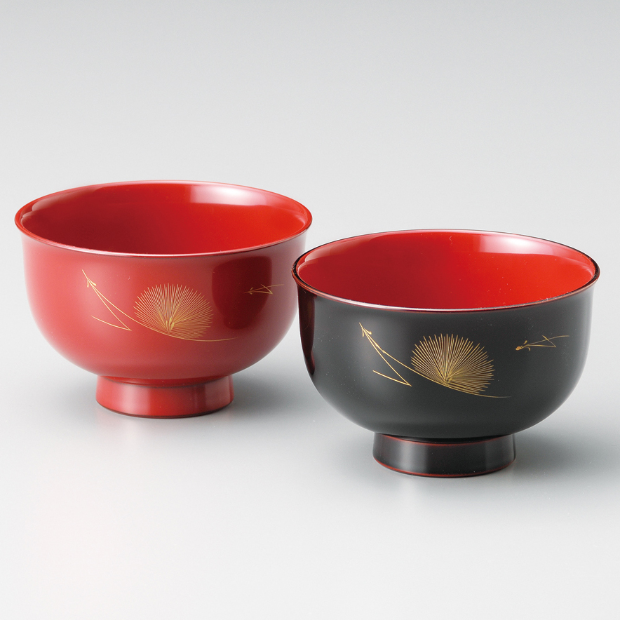 夫婦汁椀 松葉沈金 羽反 朱・黒 2客セット 漆塗り 12-03801 漆器の井助