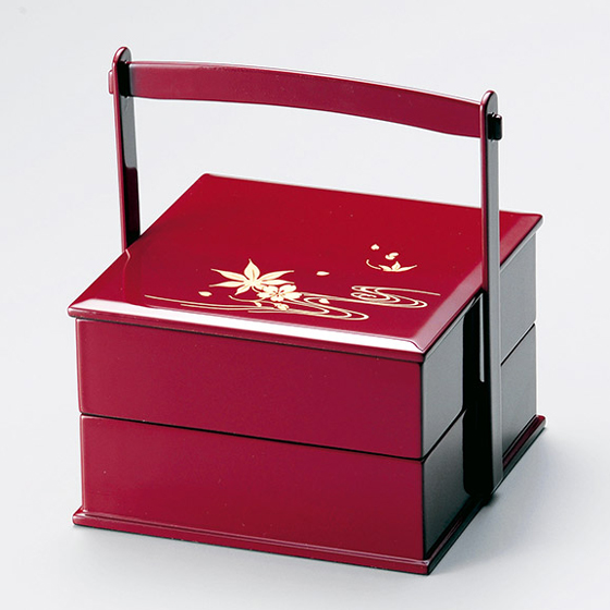 手提二段重箱 雲錦流水 5.5寸 朱/溜内黒 木製 漆塗り (製造中止) 漆器