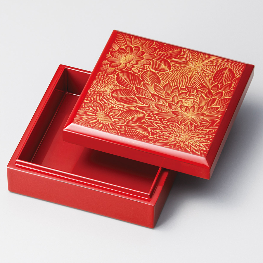 小箱 沈金菊彫 朱 木製 漆塗り 12-12405 漆器の井助