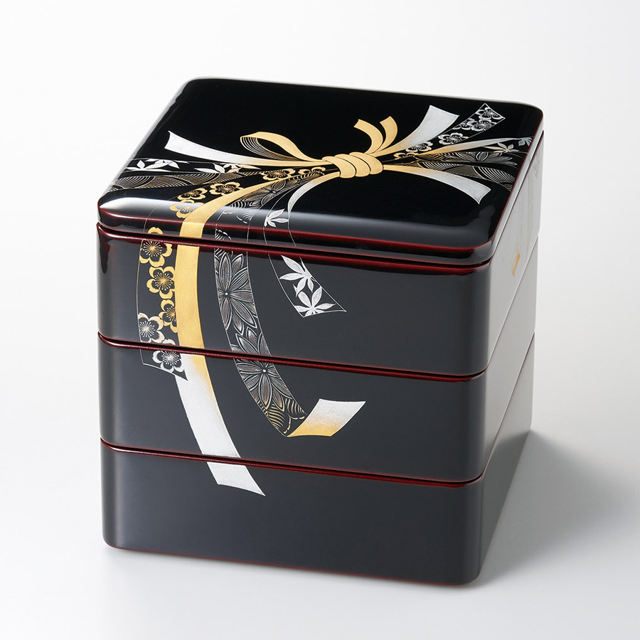 三段重 沈金のし 溜内朱 6.5寸 漆塗り 木製 漆器の井助