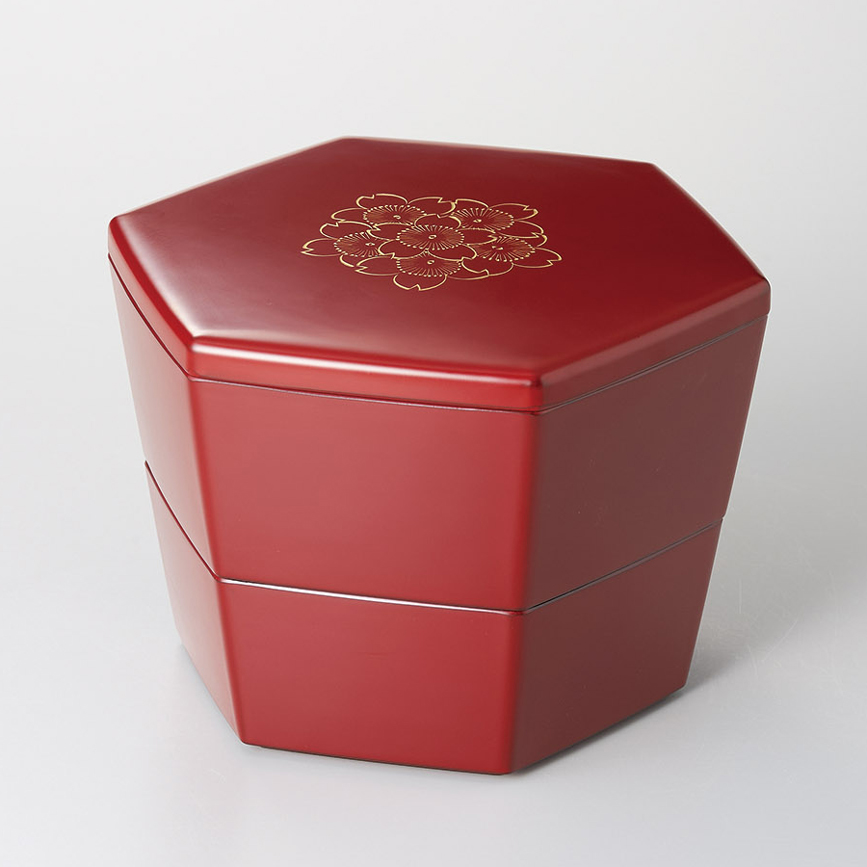 二段重 亀甲入子 沈金桜 溜内黒/古代朱 漆塗り 漆器の井助