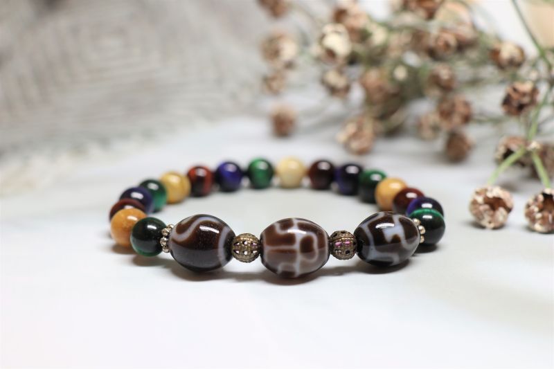 宝瓶天珠 亀甲蓮花天珠 如意天珠 タイガーアイブレス 仕事運 金運 - 石