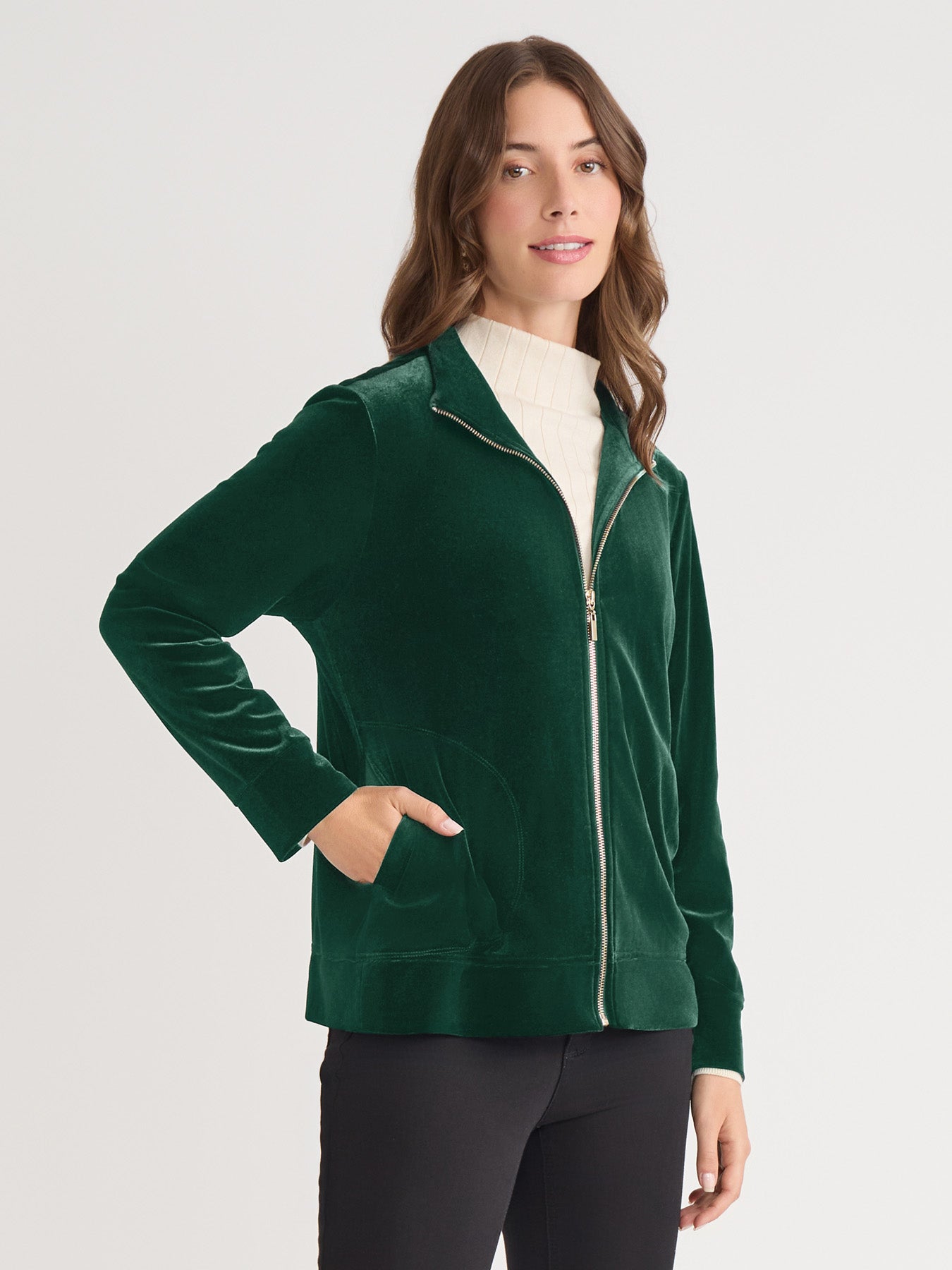 Mock Neck Zip-Front Velour Jacket