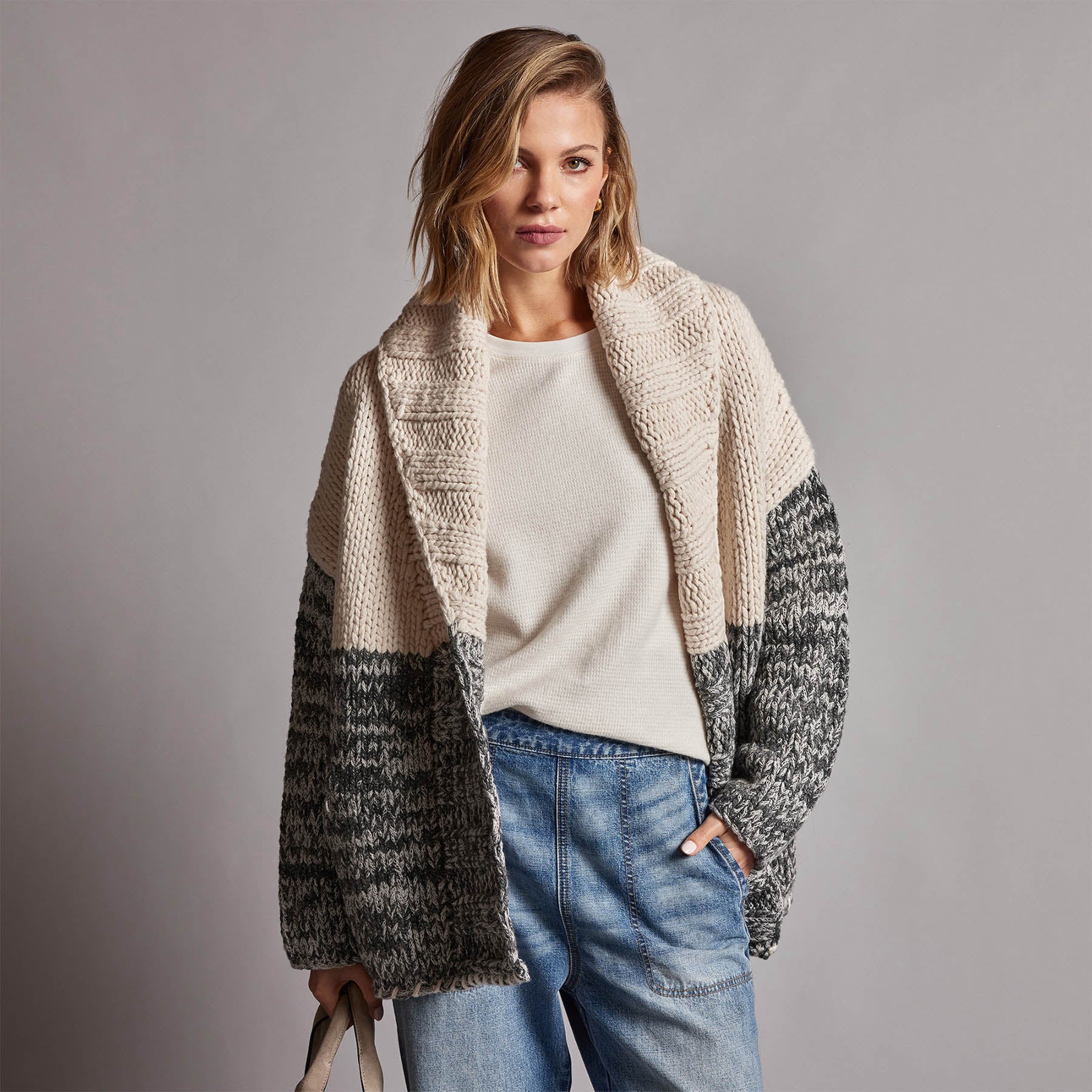 Chunky Knit Cardigan - Ivory/Grey Marl | James Perse Los Angeles