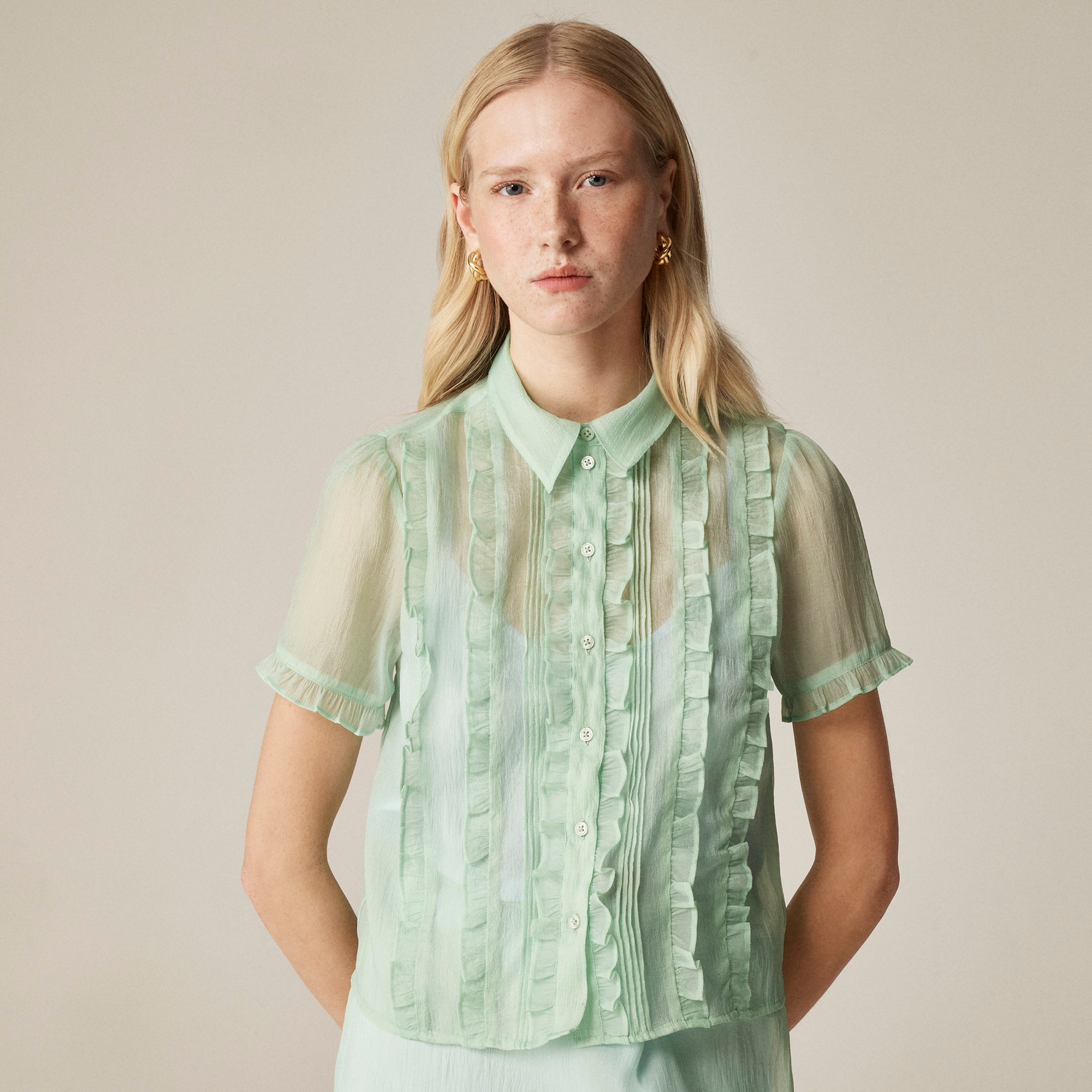 Sheer Ruffle-trim Button-up Top For Women | J.Crew