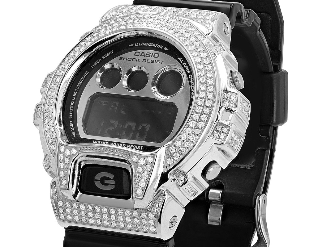 G-Shock Black DW 6900 Stainless Steel Iced Out Diamond Watch 3 CT
