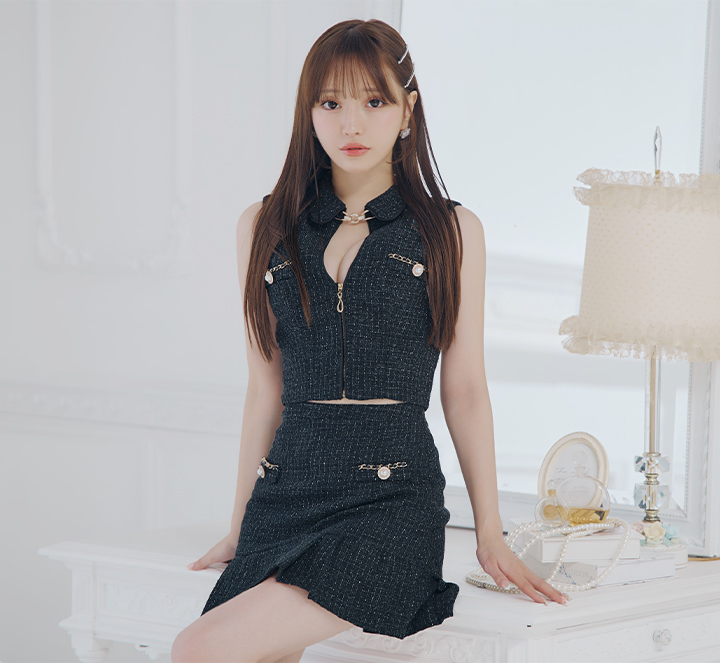 即日発送】【送料無料】プリーツツイードパールボタンドレス/キャバ