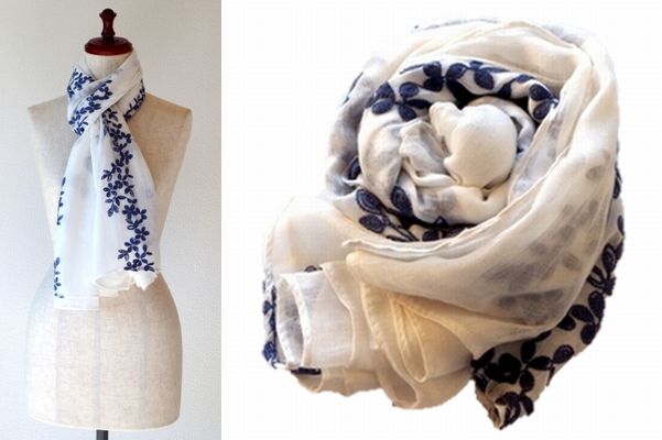 フラワー刺しゅう ストール 花モチーフの大判ストール ローズ 白